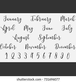 Vector Lettering months names set. Cute agenda calendar typography. Calligraphy postcard poster flyer advertising photo graphic design element. Hand written sign. Photography overlay. Date generator.