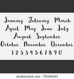 Vector Lettering months names set. Cute agenda calendar typography. Calligraphy postcard poster flyer advertising photo graphic design element. Hand written sign. Photography overlay. Date generator.