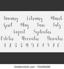 Vector Lettering months names set. Cute agenda calendar typography. Calligraphy postcard poster flyer advertising photo graphic design element. Hand written sign. Photography overlay. Date generator.