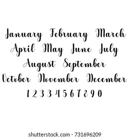 Vector Lettering months names set. Cute agenda calendar typography. Calligraphy postcard poster flyer advertising photo graphic design element. Hand written sign. Photography overlay. Date generator.