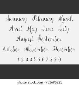 Vector Lettering months names set. Cute agenda calendar typography. Calligraphy postcard poster flyer advertising photo graphic design element. Hand written sign. Photography overlay. Date generator.
