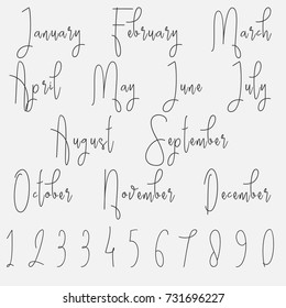 Vector Lettering months names set. Cute agenda calendar typography. Calligraphy postcard poster flyer advertising photo graphic design element. Hand written sign. Photography overlay. Date generator.