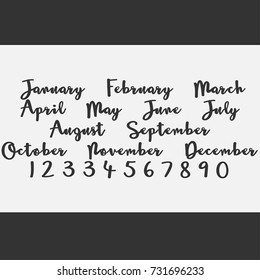Vector Lettering months names set. Cute agenda calendar typography. Calligraphy postcard poster flyer advertising photo graphic design element. Hand written sign. Photography overlay. Date generator.
