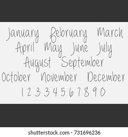 Vector Lettering months names set. Cute agenda calendar typography. Calligraphy postcard poster flyer advertising photo graphic design element. Hand written sign. Photography overlay. Date generator.