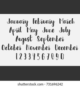 Vector Lettering months names set. Cute agenda calendar typography. Calligraphy postcard poster flyer advertising photo graphic design element. Hand written sign. Photography overlay. Date generator.