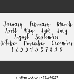 Vector Lettering months names set. Cute agenda calendar typography. Calligraphy postcard poster flyer advertising photo graphic design element. Hand written sign. Photography overlay. Date generator.