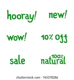 Vector lettering - new, sale, wow, hooray, 100% natural, 10% off. 