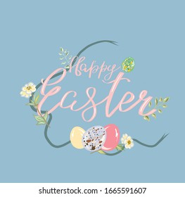 Vector lettering on a holiday Easter with colored eggs, on a blue background