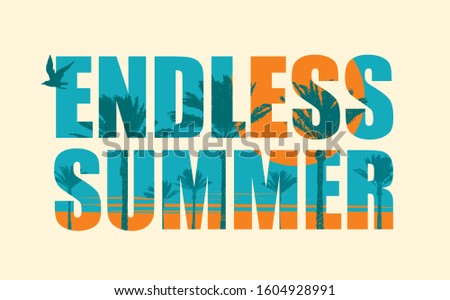 Vector lettering on the travel theme with tropical seascape. Endless summer. Suitable for poster, flyer, invitation, card, t-shirt design in retro style.