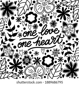 Vector lettering one love one heart. Valentines Day. Black and white