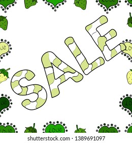 Vector lettering. Picture in neutral, green and white colors. Seamless. Sale banner.