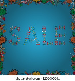Vector. Lettering. Picture in orange, black and blue colors. Orange, black and blue Sale Abstract Background. Seamless.