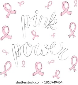 vector lettering pink power with ribbons fighting breast cancer contour print for textile design paper