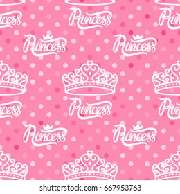 Vector lettering Princess pink. Seamless pattern. Small symbol of the crown.
