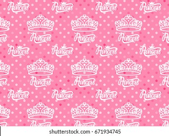 Vector lettering Princess pink. Wide background.  Small symbol of the crown.