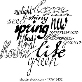 Vector lettering for prints, cards, backgrounds. Words SPRING, LOVE, ROMANCE, BLOOM and others
