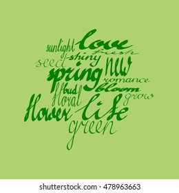 Vector lettering for prints, cards, backgrounds. Words SPRING, LOVE, ROMANCE, BLOOM and others