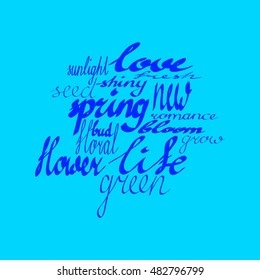 Vector lettering for prints, cards, backgrounds. Words SPRING, LOVE, ROMANCE, BLOOM and others