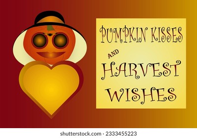 Vector lettering - pumpkin kisses and harvest wishes.
Greeting card - Halloween party. Mrs Pumpkin with sunglasses and place for text.