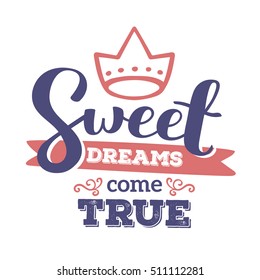 Vector lettering red and blue color handwritten inscription with crown and ribbon. Calligraphic inscription. Hand drawn lettering print. Apparel, t-shirt, bag, sticker, poster, card design