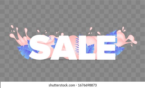Vector lettering sale. Pink spray of liquid. Composition for discount banner.