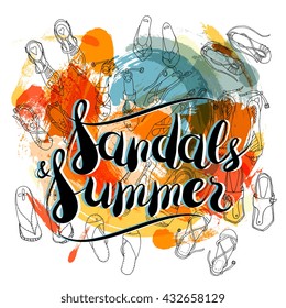 Vector Lettering Sandals and Summer on Abstract Background