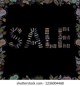 Vector. Lettering. Seamless pattern. Picture in neutral, black and blue colors. Sale banner layout design.