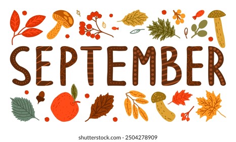 Vector lettering September with leaves, apple, mushroom for typography, design, sale