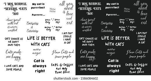 vector lettering.
vector set phrases about love for cats, about cats.
Two image options - black and white background.