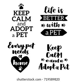 Vector lettering set with saying about pet adoption. Don't shop, adopt. Modern calligraphy phrases on isolated background.