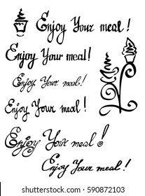 Vector lettering set written as Enjoy your meal. Hand drawn design quote. Calligraphy font for poster or banner with illustration of coffee cups