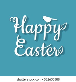 a vector lettering with shadow; happy easter; a typographical background; with a silhouette of a bird