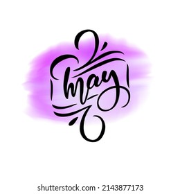Grabación vectorial del mes de primavera MAYO sobre fondo salpicado de acuarela. Ilustración con caligrafía escrita a mano. Cartas dibujadas con pincel. Plantilla de tipografía de calendario. Hola, mayo.