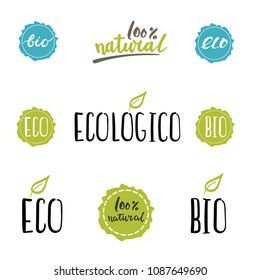 Vector lettering stickers set. Hand script calligraphy in spanish. Eco, bio, natural, 100% ecologico.