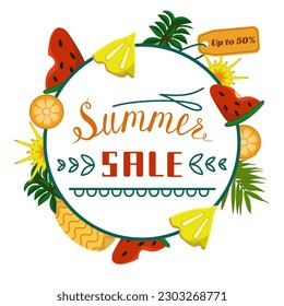 Vector Lettering of summer discounts. Illustration of Watermelon, Pineapple and orange. The concept of a seasonal Sale.
