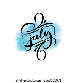 Grabado vectorial del mes de verano JULY sobre fondo salpicado de acuarela. Ilustración con caligrafía escrita a mano. Cartas dibujadas con pincel. Plantilla de tipografía de calendario. Hola, julio.