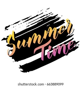Vector lettering Summer time. Colorful gradient letters on black grunge background. Handwritten modern calligraphy. Inscription for postcards, posters, greeting cards, comics, cartoons.