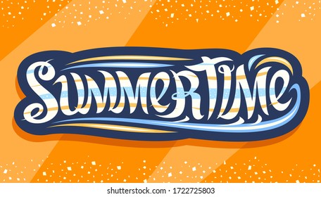 Vector lettering for Summer Time, dark logo with curly calligraphic font and decorative sea waves for summertime, horizontal flyer with swirly brush lettering summer time on orange abstract background