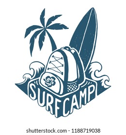 Vector lettering surf camp logo template with surfing board, backpack, palm trees ans waves