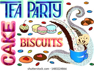 Vector lettering and sweets for Tea Party decoration. Suitable for bakery and coffee shop decoration, cute stickers, scrapbooking, banners and cards decoration
