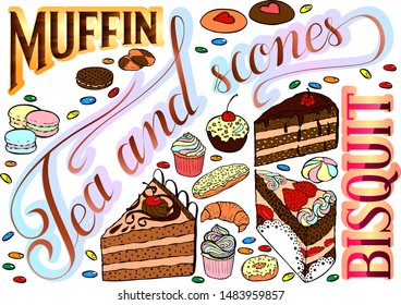 Vector lettering and sweets for Tea Party decoration. Suitable for bakery and coffee shop decoration, cute stickers, scrapbooking, banners and cards decoration