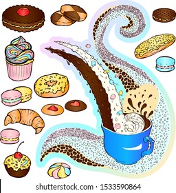 Vector lettering and sweets for Tea Party decoration. Suitable for bakery and coffee shop decoration, cute stickers, scrapbooking, banners and cards decoration