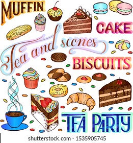 Vector lettering and sweets for Tea Party decoration. Suitable for bakery and coffee shop decoration, cute stickers, scrapbooking, banners and cards decoration