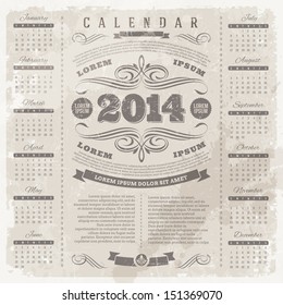 Vektorgrafik-Vorlagen-Design - Ornate Vintage-Kalender 2014 auf grauem Hintergrund