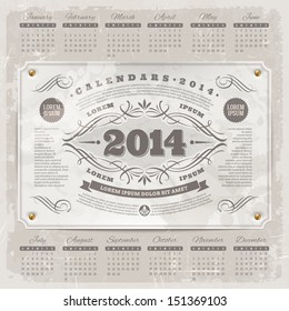 Vektorgrafik-Vorlagen-Design - Ornate Vintage-Kalender 2014 auf grauem Hintergrund