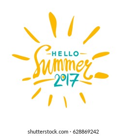 Vector lettering template Hello Summer 2017 and rays of the sun.