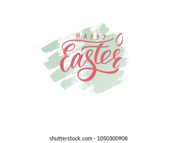 Vector lettering of  text Happy easter with small decor of shape of egg. Modern calligraphy. As template of greeting card, label, icon, tag,  banner. Calligraphy background. Inscription for poster