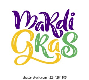 Vector lettering text for Mardi Gras carnival, filigree calligraphic font with traditional symbol of mardi gras fleur de lis, elegant fancy logo with greeting slogan.