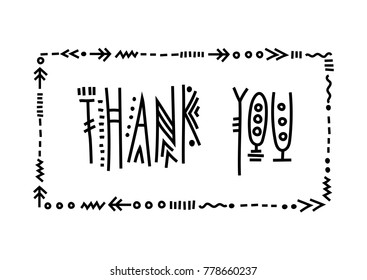 Vector lettering "Thank you". Handwritten ethnic letters in frame.