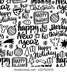 Vector lettering typography. Seamless pattern of happy New Year and Merry Christmas lettering with holidays decor for print. Set of Calligraphy badge, tag, icon. 